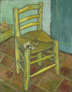 Painting of a wooden chair, with the perspective slightly off so that the seat and bottom legs look a little too large, and angled not quite correctly in relation to the back of the chair.
