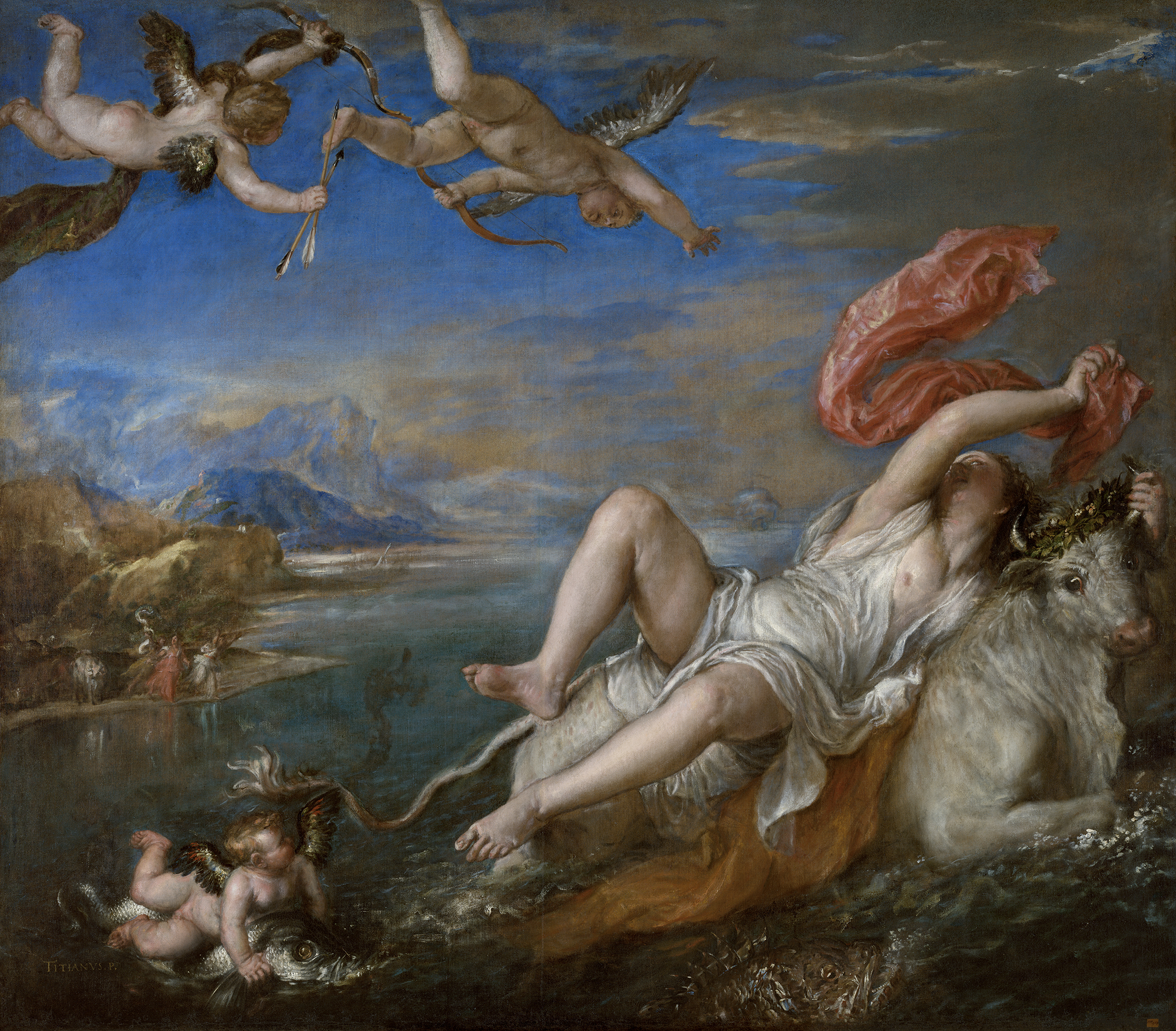 The painting depicts Europa on the back of a bull, just off the shore of her homeland. She holds a waving red scarf. A sea monster and a small angel on a dolphin are depicted in the foreground of the painting. On the top, two more angels are flying in pursuit, one holding a bow and arrows.