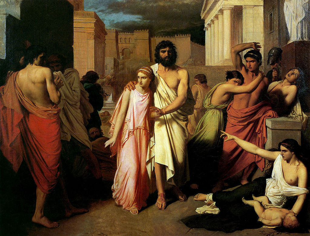 A painting of a woman (Antigone) leading a blind man (Oedipus) through a Greek city. Bystanders are depicted as shying away from the two main characters.