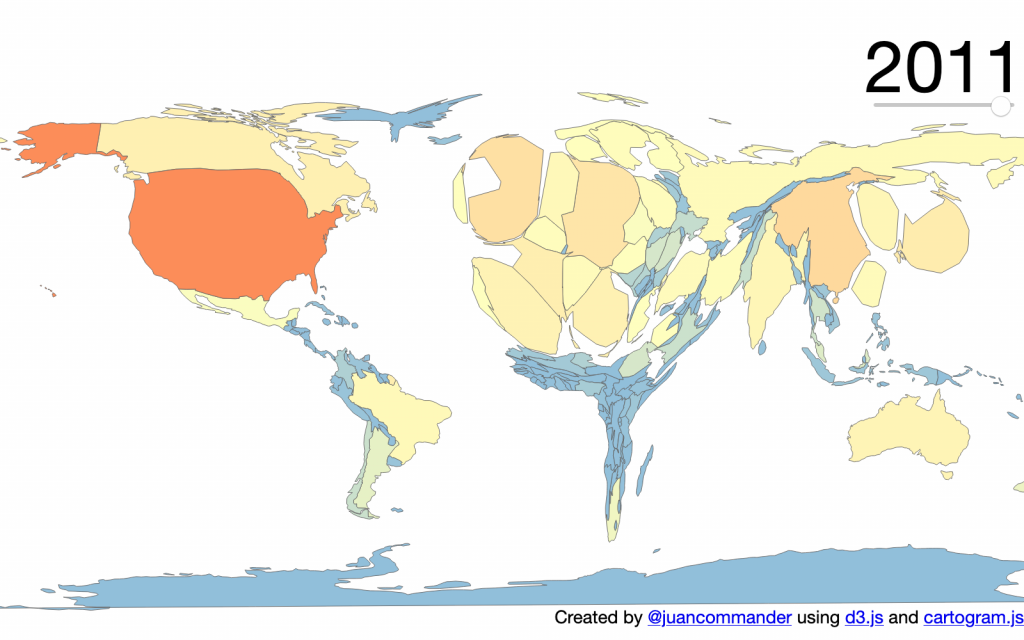 Distorted political map of the world, with 2011 in the top right corner. Attribution: Created by @juancommander using d3.js and cartogram.js