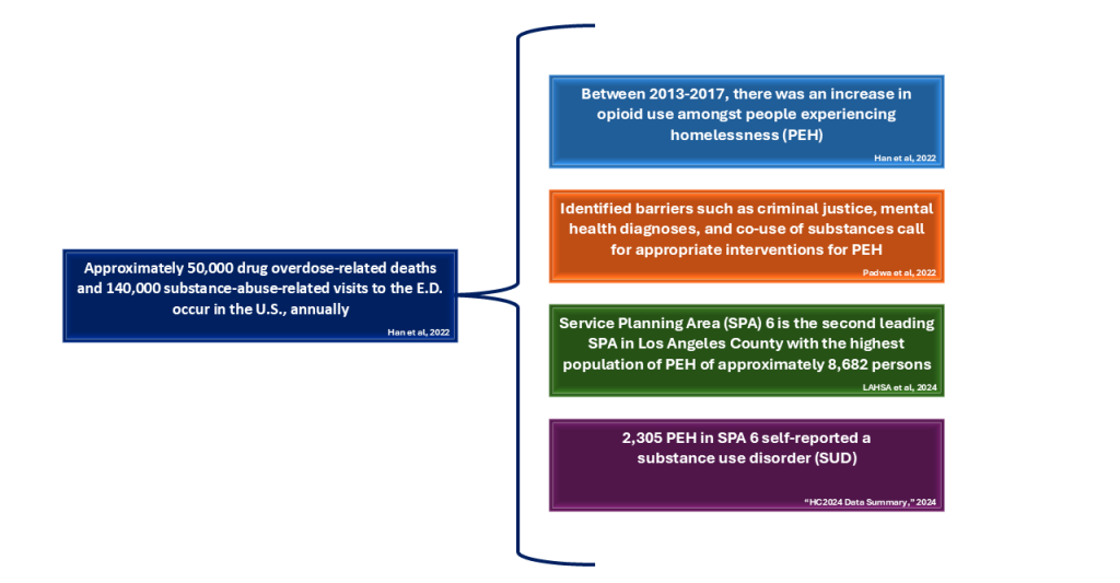 Figure 2. Summarized statistics referring to people experiencing homelessness (PEH) and substance use orders (SUD) in the United States and Service Planning Area (SPA) 6.