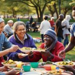 Community engaging with homeless, sharing a meal.