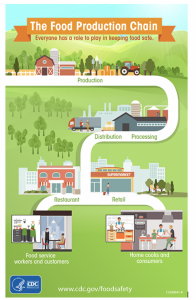 The steps of food production: production, distribution, processing, restaurant, retail, food service, and home cooks