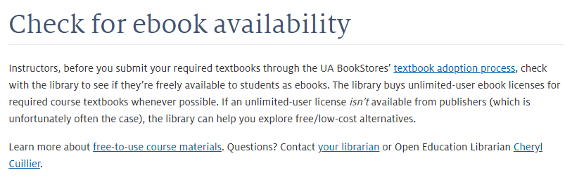 A screenshot of the "Check for ebook availability" page from UA's website.