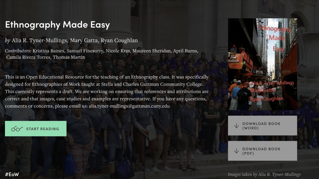 Home page header of “Ethnography Made Easy” textbook with the cover image of the book, an urban city street with numerous people standing or walking, the authors’ and contributors’ names, project description, “start reading,” “download book (Word)” and “download book PDF” buttons, and Twitter hashtag for the project.
