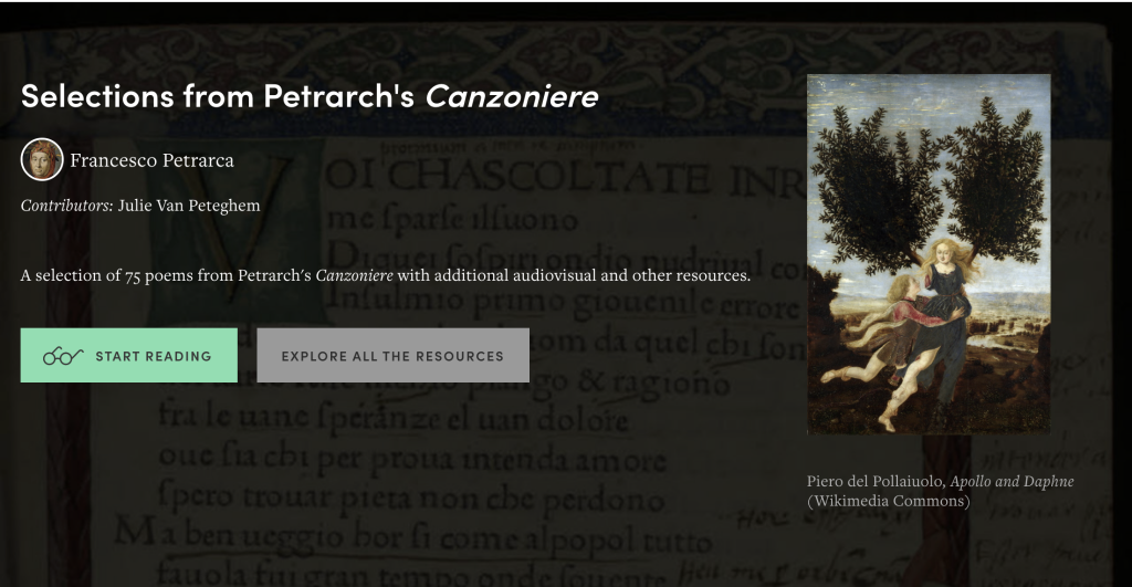 Home page header for the “Selections from Petrarch’s ‘Canzoniere’ ” project with cover image, project description, author and contributor names, “start reading,” and “explore all the resources” buttons.