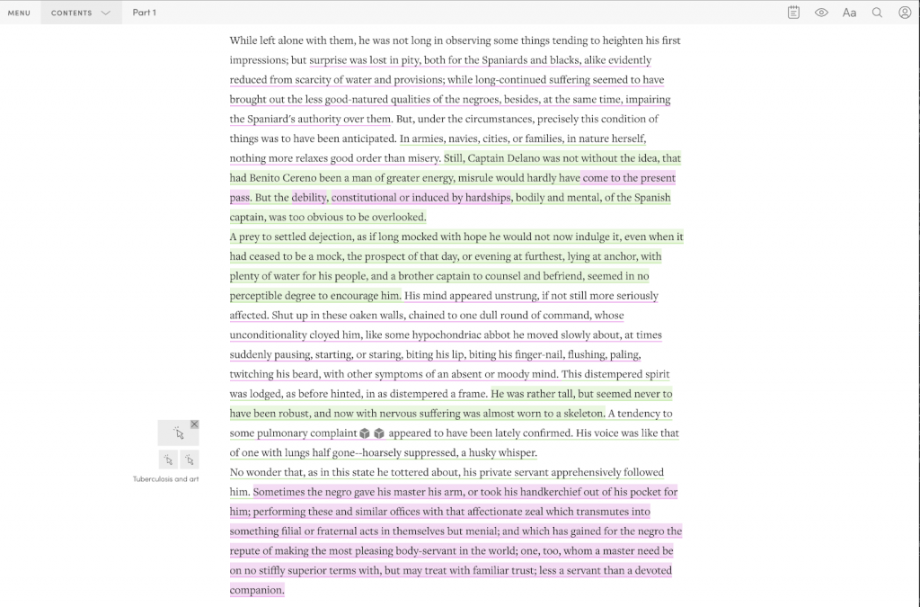 A page in Manifold with several highlighted sections of text in different colors.