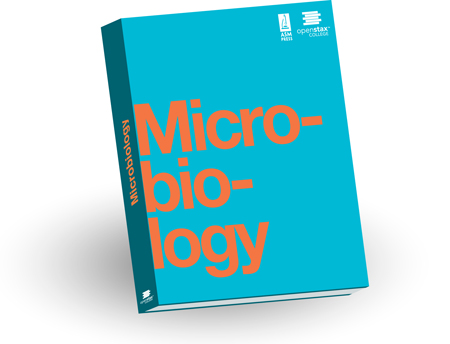 A rendering of the print version of OpenStax Microbiology, a bright blue book with bold sans-serif orange text.