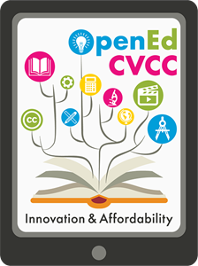 CVCC's logo, a tablet with an open book out of which springs colorful icons and the text "OpenEd CVCC."