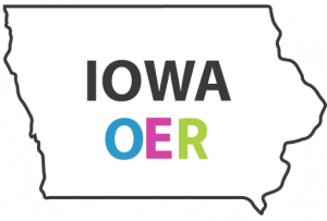 A black outline of the state of Iowa with dark gray text reading "Iowa" and "OER" written in blue, pink, and green text