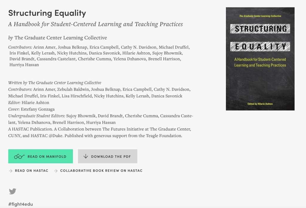 Home page header for “Structuring Equality” with cover image of the book, editor and contributor names, project description, “start reading” and “download the PDF” buttons, “read on HASTAC” and “collaborative book review on HASTAC” links, Twitter icon link, and Twitter hashtag for the project.