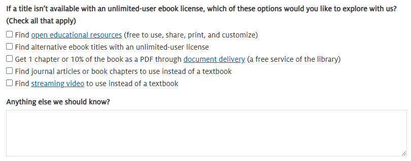 A screenshot of the "Check for ebook availability" form at UA, with options for indicating interest in OER, alternative ebooks, and other library-based options such as streaming video.