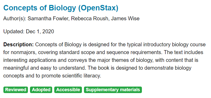 A screenshot of the search results listing for “Concepts of Biology” (OpenStax) in BCcampus’ search tool, with a description and tags listed clearly under the title.