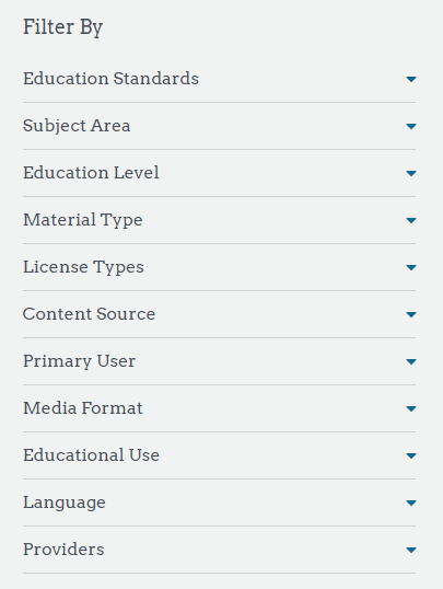OER Commons provides a list of metadata terms you can select from in order to refine your search.