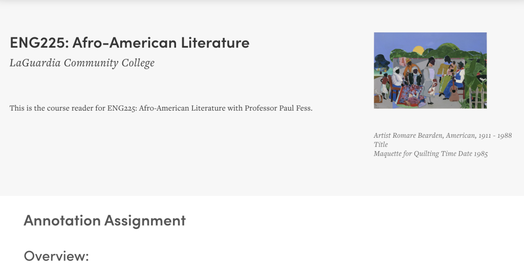 Home page header for the “ENG225: Afro-American Literature” project with a color image of a painting with multiple African Americans, young and old, in the process of quilting and one holding a guitar, and a description of the project.