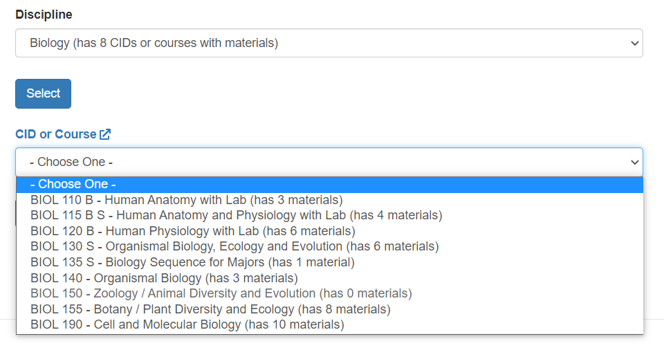 This example results screen from the Cool4Ed Discipline Search shows alignment with Biology courses, displaying the number of materials associated with each course.