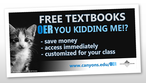 A marketing banner with a cute kitten and the text Free textbooks, OER you kidding me?