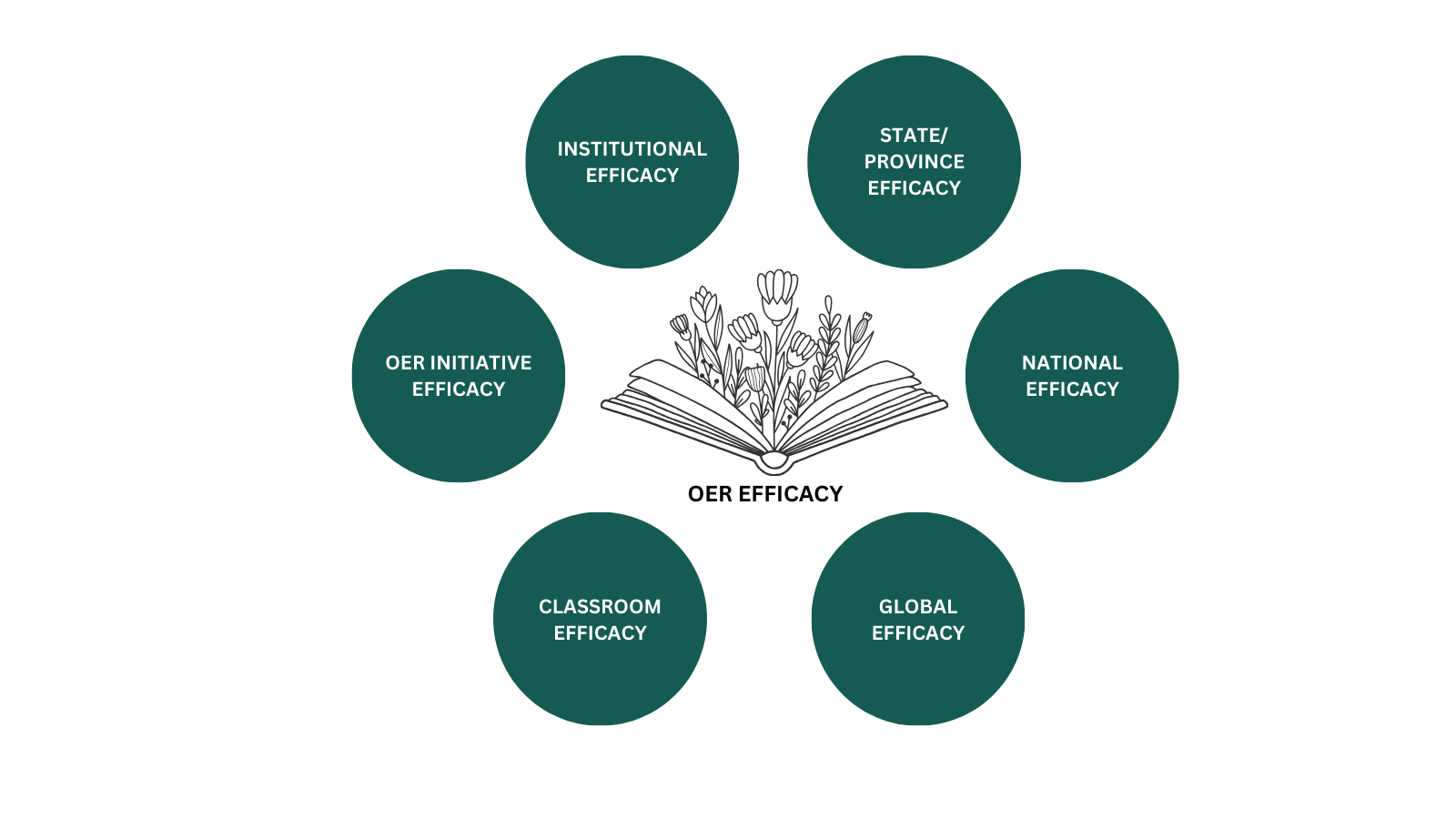 Diagram showing six different levels of OER Efficacy. Six dark green circles surround a sketch of an open book with flowers growing out of the pages, labelled "OER EFFICACY". From bottom left, green circles read: Classroom Efficacy, OER Initiative Efficacy, Institutional Efficacy, State/Province Efficacy, National Efficacy, and Global Efficacy.