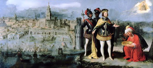 Pintura con la ciudad de Sevilla al izquierda y cuatro hombres al lado derecho