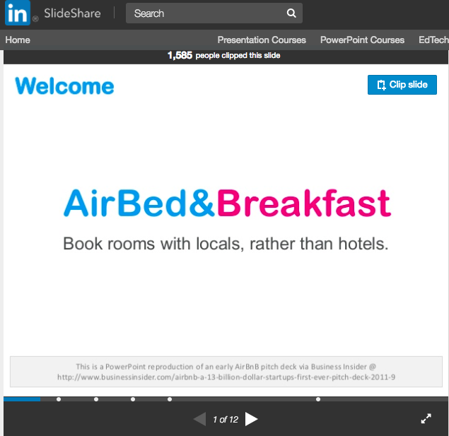 Cover of replica of Airbnb's first pitch deck from PitchDeckCoach on Slideshare