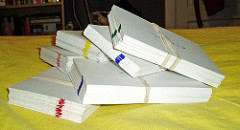 Piles of color-coded flashcards