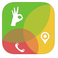 iTunes logo: green circle with &quot;okay&quot; hand signal icon, yellow circle with GPS locator icon, red circle with telephone icon
