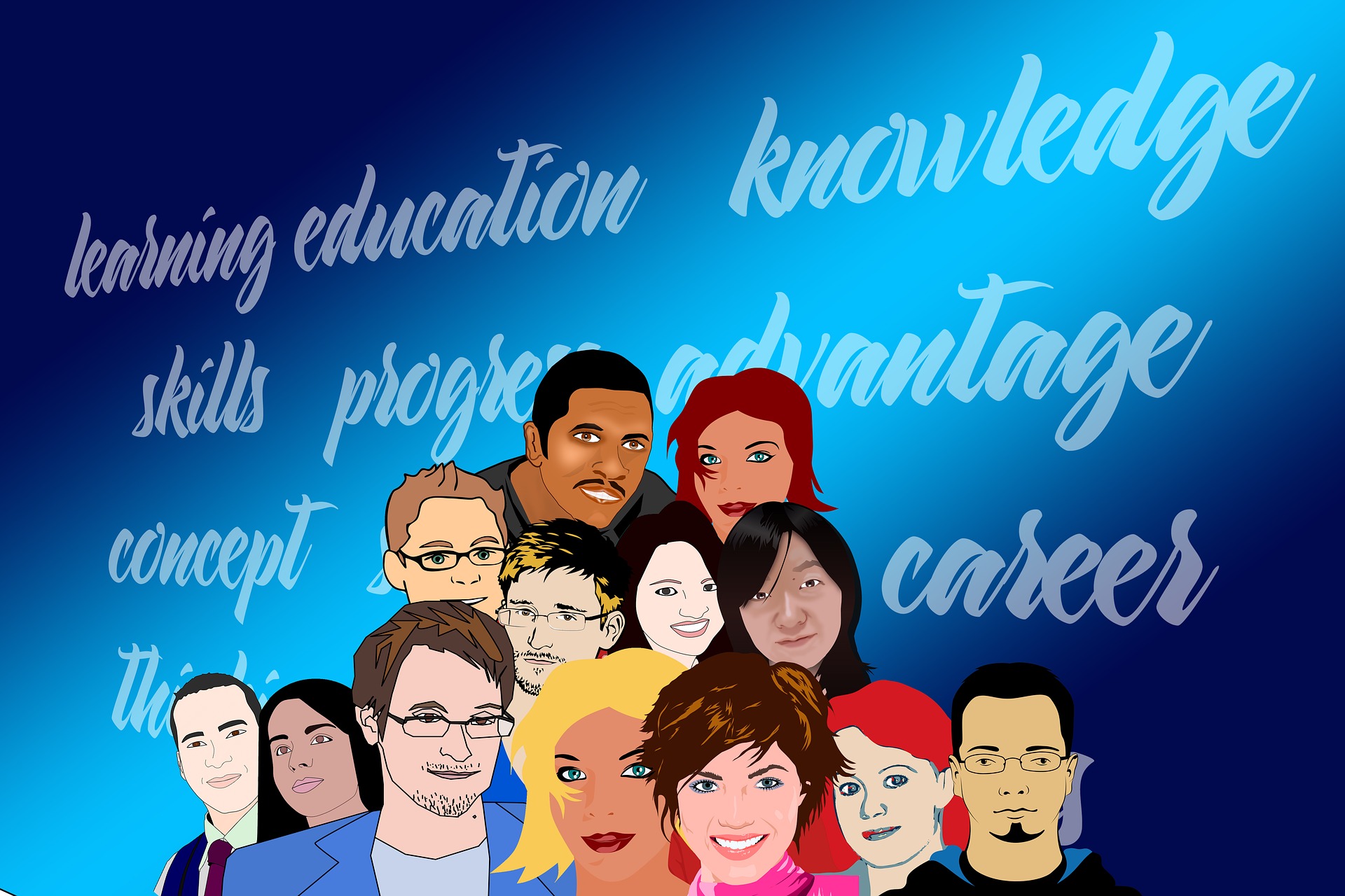 Illustration of different kinds of people in front of a background reading "education, knowledge, skills, progress, career"