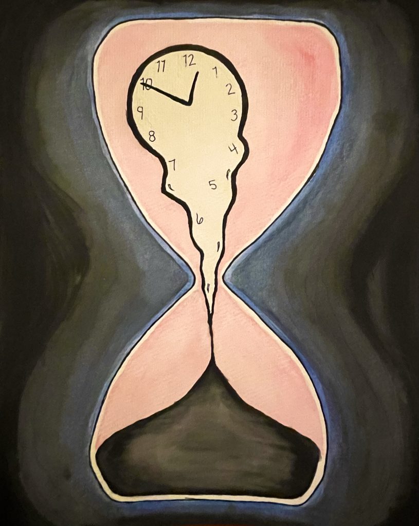 Time hourglass with clock inside melting into the sand shape